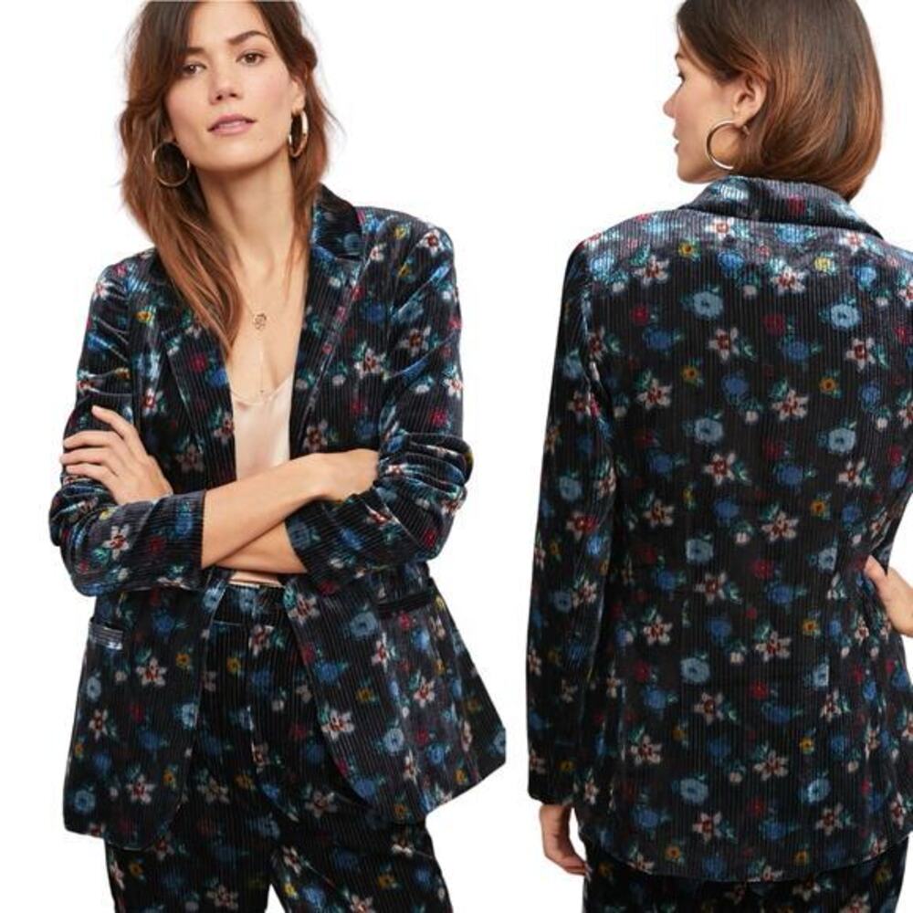 Anthropologie ett:twa Blooming Velvet Blazer in Black Motif Size 6
